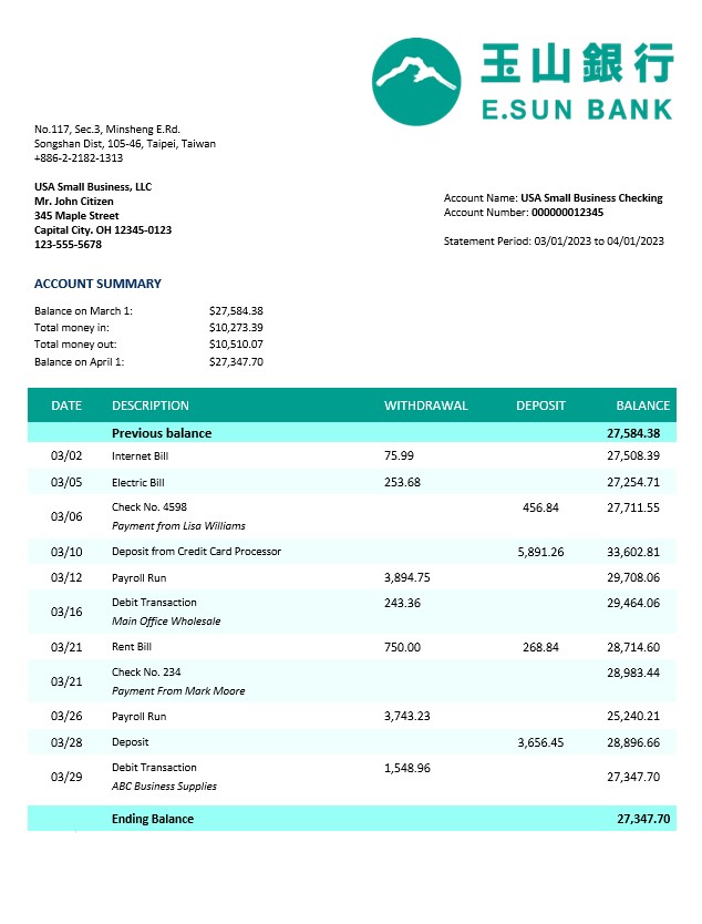 Modèle Word et PDF de relevé commercial de la banque commerciale E.SUN